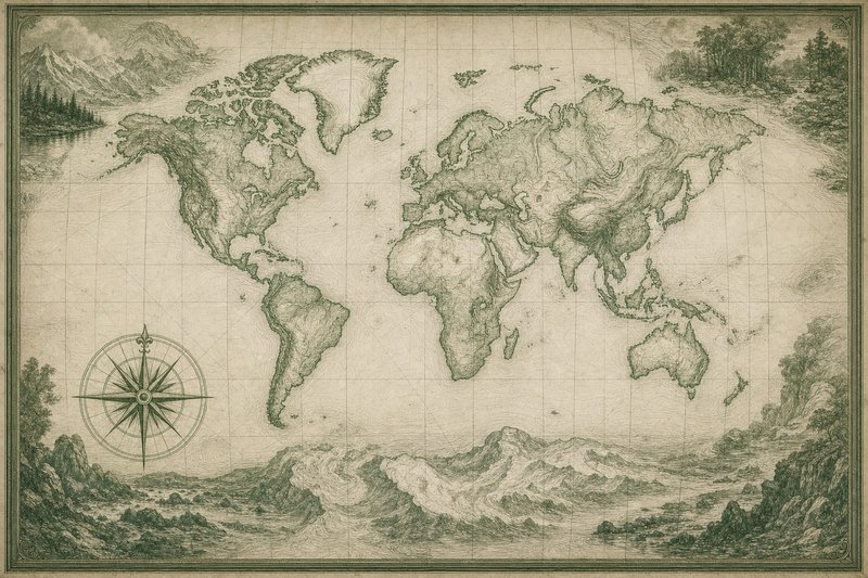 世界地図を象った古地図風の図版、当デスクの地誌的な視点を象徴するイメージ